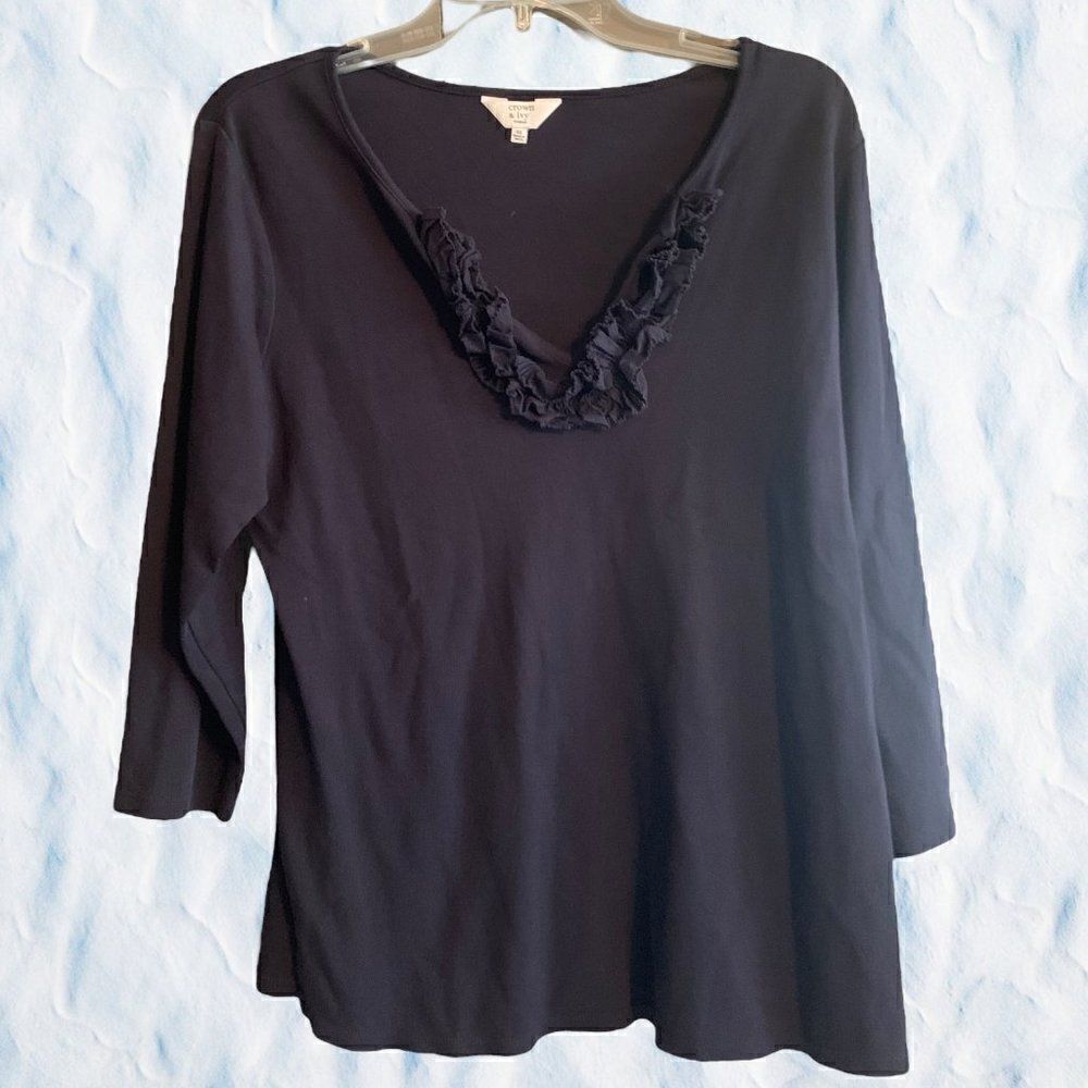 Crown & Ivy 3/4 Length Sleeve Navy Blue V-Neck Ruffle Top Size 0X